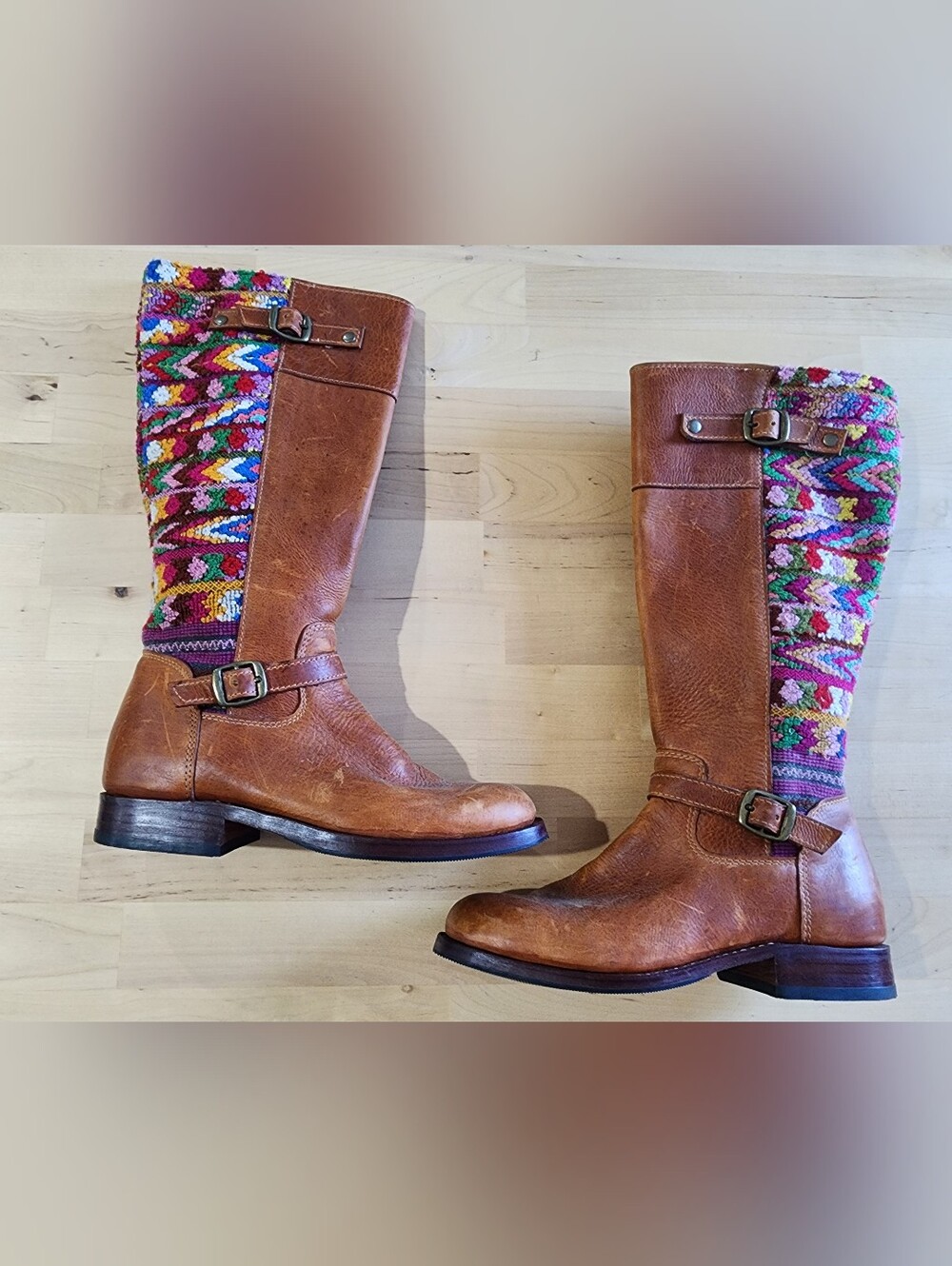 Handcrafted Huipil Textile | Genuine Brown Leather Knee-High Boots |Size 37/ US7